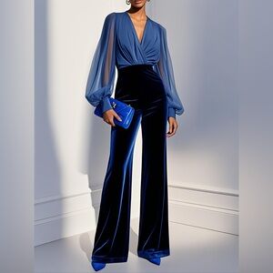 NWT Fehaute Blue Tulle V Neck Velvet Jumpsuit